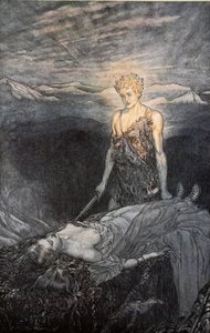 『魔法の携挙は私の心を突き刺します。修正済み、私の視線、恐怖に燃えている、私はリール、私の心は失神して失敗します！」、「ジークフリートと神々の黄昏」のイラスト、1924 作： Arthur Rackham